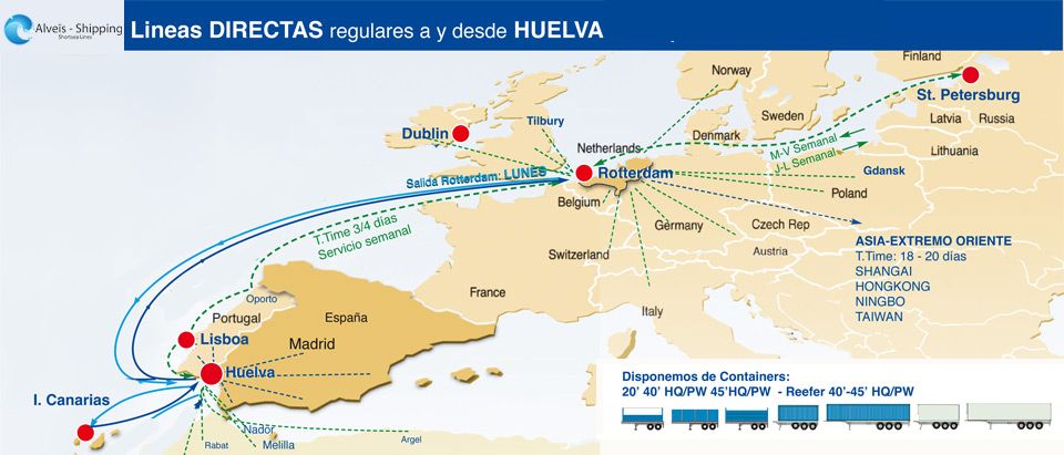 Rutas directas regulares a y desde Huelva de la naviera Alveis Shipping.