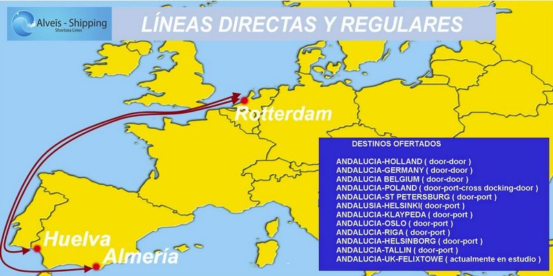 Las líneas directas y regulares de Alveis Shipping desde Huelva y Almería comienzan el 4 y 5 de junio.