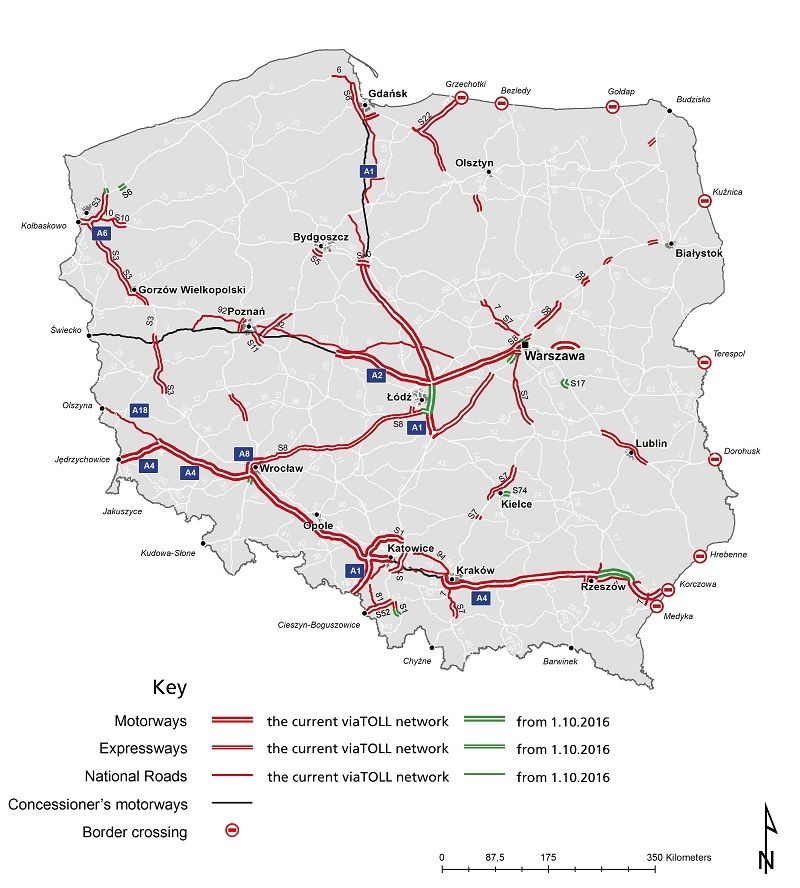 Carreteras polacas integradas en Viatoll a 1 de octubre de 2016