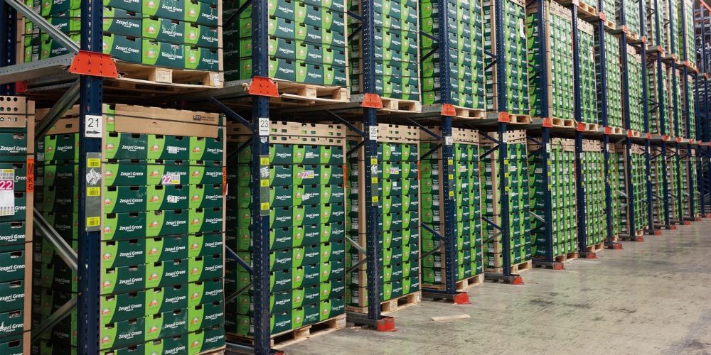 cajas de frutas y verduras paletizadas en almacen cajas de frutas y verduras paletizadas en almacen